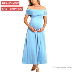 Off Shoulder Maxi Maternity Dress Sleeveless High Waist Swing Pleated Formal